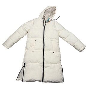 Maurices Cream‎ Maxi Puffer Coat Hooded Full Zip Side Slits Size XS
